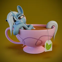 Size: 2560x2560 | Tagged: safe, artist:enteryourponyname, derpibooru import, trixie, pony, unicorn, g4, 3d, blender, blender cycles, cup, cup of pony, cute, diatrixes, female, food, hatless, horn, image, mare, micro, missing accessory, png, simple background, solo, tea, teacup, that pony sure does love teacups