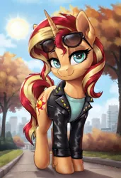 Size: 832x1216 | Tagged: safe, ai content, derpibooru import, machine learning generated, prompter:thelight3d, stable diffusion, sunset shimmer, g4, autumn, city, clothes, day, generator:pony diffusion v6 xl, image, jacket, jpeg, sun, sunglasses, sunglasses on head