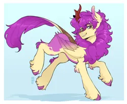 Size: 2800x2300 | Tagged: safe, artist:soahonga, derpibooru import, oc, oc:purple wingshade, unofficial characters only, hybrid, kirin, original species, pegasus, pony, brown eyes, cloven hooves, colored wings, ear fluff, fluffy, freckles, hooves, image, kirinified, markings, multicolored wings, png, purple mane, simple background, smug, solo, species swap, spots, unshorn fetlocks, wings