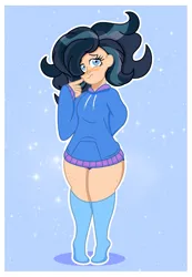 Size: 1835x2652 | Tagged: safe, alternate version, artist:prixy05, derpibooru import, oc, oc:moon, unofficial characters only, human, clothes, freckles, hair over one eye, hoodie, human coloration, humanized, image, light skin, outline, oversized clothes, oversized hoodie, owner:yoshter7, png, socks, solo, stockings, thigh highs, white outline