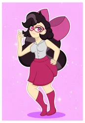 Size: 1835x2652 | Tagged: safe, alternate version, artist:prixy05, derpibooru import, oc, oc:orchid, unofficial characters only, human, bow, clothes, ear piercing, earring, freckles, glasses, hair bow, human coloration, humanized, image, jewelry, light skin, outline, owner:yoshter7, piercing, png, skirt, socks, solo, stockings, thigh highs, white outline