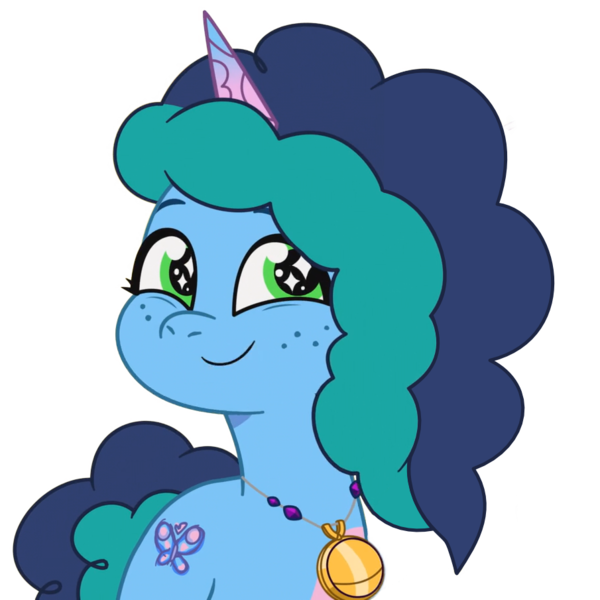 Size: 905x905 | Tagged: safe, derpibooru import, edit, edited screencap, editor:posiplusive, screencap, g5, my little pony: tell your tale, cute, fake cutie mark, freckles, horn, image, jewelry, misty brightdawn, mistybetes, necklace, opaline alone, png, simple background, smiling, smiling at someone, solo, sparkles, sparkly eyes, transparent background, vector used, wingding eyes