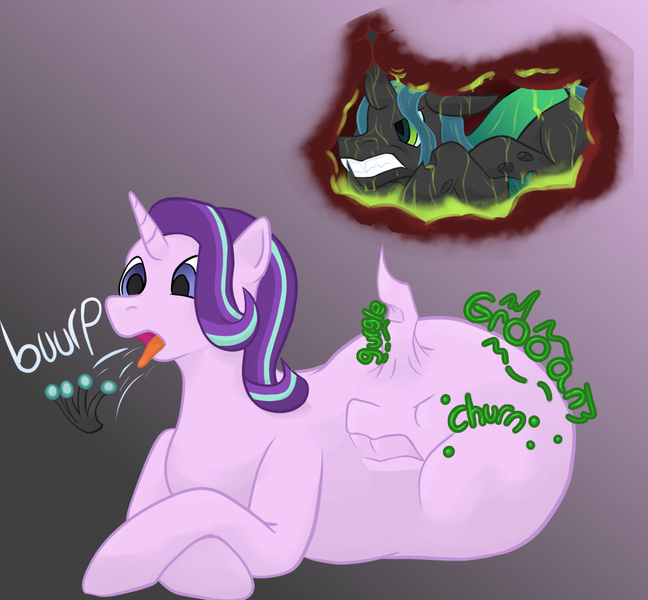 Size: 1000x926 | Tagged: suggestive, artist:whatif, derpibooru import, queen chrysalis, starlight glimmer, changeling, changeling queen, pony, unicorn, a worse ending for chrysalis, burp, burping up items, chrysaprey, digestion, face imprint, female, female pred, female prey, gradient background, horn, image, internal, png, stomach acid, stomach noise, vore, vorelight glimmer