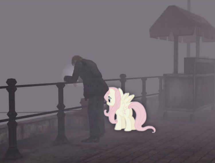 Size: 750x569 | Tagged: safe, derpibooru import, fluttershy, human, pegasus, pony, contrast, crossover, duo, female, game screencap, image, james sunderland, jpeg, mare, rear view, silent hill