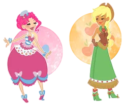 Size: 900x752 | Tagged: safe, artist:dahli-lama, artist:dess-arts, derpibooru import, applejack, pinkie pie, human, g4, alternate hairstyle, applejack's hat, artifact, blushing, boots, clothes, cowboy hat, dark skin, dress, duo, duo female, ear piercing, earring, eyes closed, female, freckles, gala dress, gloves, hat, high heel boots, humanized, image, jewelry, lipstick, makeup, open mouth, piercing, png, shoes, simple background, transparent background