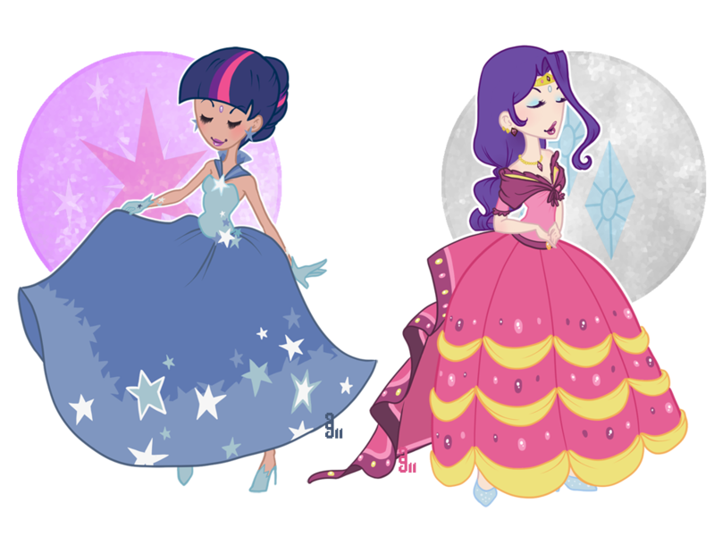 Size: 1001x752 | Tagged: safe, artist:dahli-lama, artist:dess-arts, derpibooru import, rarity, twilight sparkle, human, g4, alternate hairstyle, artifact, belt, blushing, clothes, dark skin, dress, duo, duo female, ear piercing, earring, eyes closed, eyeshadow, female, gala dress, gloves, high heels, humanized, image, jewelry, lipstick, makeup, open mouth, piercing, png, shoes, simple background, transparent background