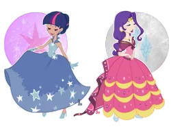 Size: 1001x752 | Tagged: safe, artist:dahli-lama, artist:dess-arts, derpibooru import, rarity, twilight sparkle, human, g4, alternate hairstyle, artifact, belt, blushing, clothes, dark skin, dress, duo, duo female, ear piercing, earring, eyes closed, eyeshadow, female, gala dress, gloves, high heels, humanized, image, jewelry, lipstick, makeup, open mouth, piercing, png, shoes, simple background, transparent background