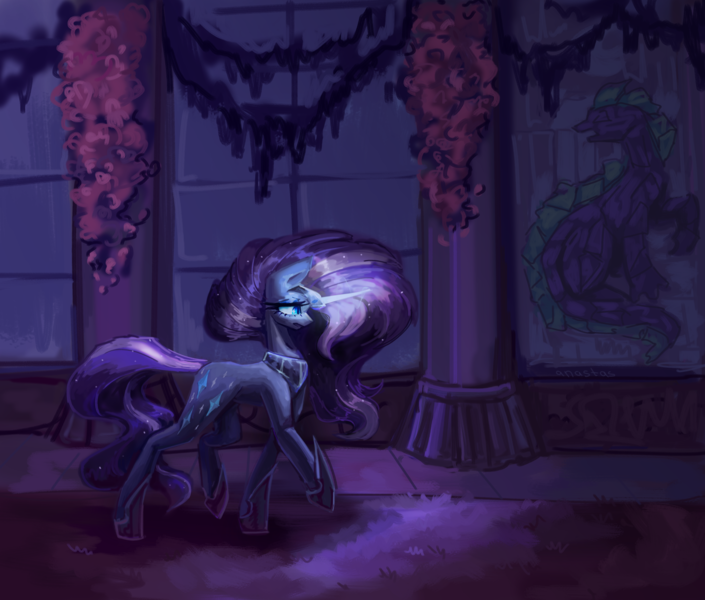 Size: 4700x4000 | Tagged: safe, artist:anastas, derpibooru import, part of a set, nightmare rarity, spike, pony, unicorn, series:ask nightmare rarity, g4, ask, canterlot castle, carpet, column, comic, ethereal mane, eyeshadow, fangs, female, glow, glowing horn, horn, image, jewelry, looking at you, magic, magic aura, makeup, mare, mlp art ask (ru), nightmarified, open mouth, png, regalia, slit pupils, solo, speech bubble, stained glass, starry mane, walking, window