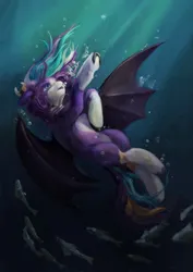 Size: 724x1024 | Tagged: safe, artist:jackiesenvy, derpibooru import, oc, unofficial characters only, bat pony, fish, pony, bubble, female, image, jpeg, mare, solo, spread wings, underwater, water, wings