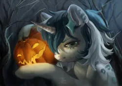 Size: 1280x904 | Tagged: safe, artist:jackiesenvy, derpibooru import, oc, unofficial characters only, pony, unicorn, commission, fangs, hairclip, halloween, holiday, horn, image, jack-o-lantern, jpeg, pumpkin, solo, ych result