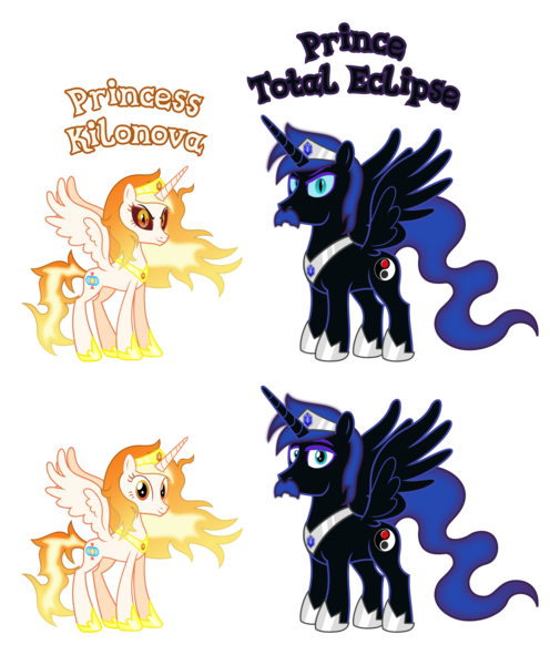 Size: 6661x8058 | Tagged: safe, anonymous artist, derpibooru import, oc, oc:prince total eclipse, oc:princess kilonova, unofficial characters only, alicorn, pony, g4, absurd resolution, accessory, alicorn oc, closed mouth, cousins, crown, description is relevant, evil eyes, eyebrows, eyelashes, eyes open, facial hair, family, female, hoof shoes, horn, image, jewelry, looking, looking at you, looking back, looking back at you, male, mare, name, nostrils, offspring, parent:oc:prince magnetar superstar, parent:oc:prince umbra shadowmoon, parent:oc:princess pulsar superstar, parent:oc:princess umbra bloodmoon, parents:superstarcest, parents:umbracest, png, prince, princess, product of incest, regalia, royalty, show accurate, simple background, smiling, smiling at you, spread wings, stallion, standing, story included, text, transparent background, vector, wall of tags, wings