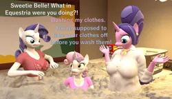 Size: 1870x1080 | Tagged: safe, artist:papadragon69, derpibooru import, cookie crumbles, rarity, sweetie belle, anthro, unicorn, g4, 3d, belle sisters, bubble, clothes, female, horn, image, laundry, laundry basket, mother and child, mother and daughter, png, reference, siblings, silly belle, sisters, source filmmaker, suds, the brady bunch, washing machine