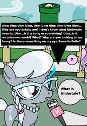 Size: 510x738 | Tagged: safe, artist:starwarriorjian, derpibooru import, derpy hooves, diamond tiara, silver spoon, sweetie belle, earth pony, pony, cloud, dialogue, dialogue in the description, digital art, english, fence, image, implied apple bloom, microphone, offscreen character, pipe, png, sans (undertale), sky, super mario bros., undertale