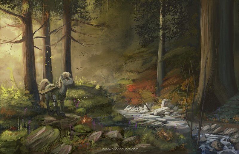 Size: 2000x1294 | Tagged: safe, artist:blindcoyote, derpibooru import, oc, unofficial characters only, deer, pony, clothes, commission, everfree forest, forest, grass, gun, image, jpeg, looking around, looking up, male, nature, river, rock, scenery, scenery porn, smiling, solo, stag, stallion, stream, tree, water, weapon