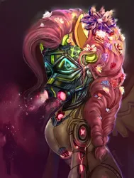 Size: 1624x2143 | Tagged: safe, artist:bananitryi, derpibooru import, fluttershy, pegasus, pony, robot, robot pony, g4, female, flower, flower in hair, flutterbot, image, jpeg, mare, roboticization, solo