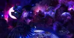 Size: 3840x1977 | Tagged: safe, artist:bananitryi, derpibooru import, princess luna, alicorn, pony, g4, earth, female, image, jpeg, looking at you, macro, mare, moon, nebula, solo, tangible heavenly object