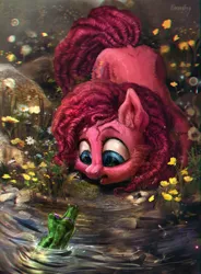 Size: 1719x2340 | Tagged: safe, artist:bananitryi, derpibooru import, gummy, pinkie pie, alligator, earth pony, pony, g4, ear fluff, female, flower, fluffy, image, jpeg, looking at each other, looking at someone, mare, water