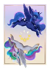 Size: 2896x4096 | Tagged: safe, artist:minuko, derpibooru import, princess celestia, princess luna, alicorn, pony, g4, duo, duo female, female, flowing mane, flowing tail, gradient background, hoof shoes, image, jewelry, jpeg, mare, peytral, regalia, starry tail, tail