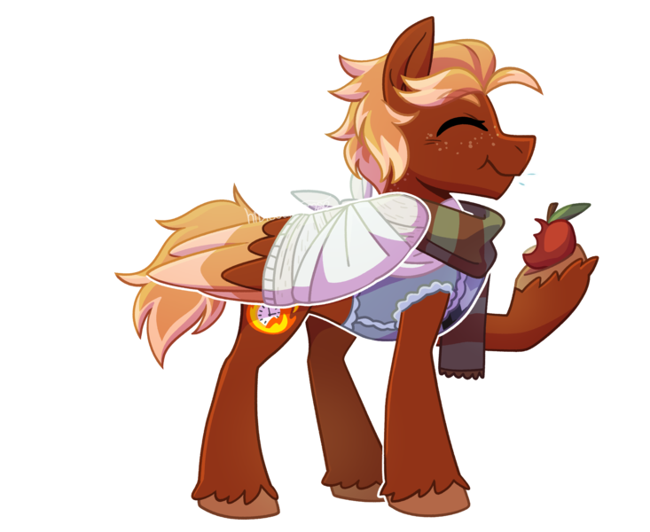 Size: 2200x1800 | Tagged: safe, artist:hibiscuit--rose, derpibooru import, oc, oc:golden flare, ponified, unofficial characters only, pegasus, pony, apple, bandage, broken bone, broken wing, cast, clothes, colored hooves, colored wings, commission, eating, eyes closed, food, freckles, happy, hooves, image, injured, male, nonbinary, pegasus oc, png, scarf, short tail, simple background, sling, solo, species swap, stallion, sweater, tail, transparent background, unshorn fetlocks, vest, wings