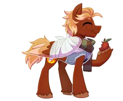 Size: 2200x1800 | Tagged: safe, artist:hibiscuit--rose, derpibooru import, oc, oc:golden flare, ponified, unofficial characters only, pegasus, pony, apple, bandage, broken bone, broken wing, cast, clothes, colored hooves, colored wings, commission, eating, eyes closed, food, freckles, happy, hooves, image, injured, male, nonbinary, pegasus oc, png, scarf, short tail, simple background, sling, solo, species swap, stallion, sweater, tail, transparent background, unshorn fetlocks, vest, wings