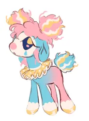 Size: 1134x1544 | Tagged: safe, artist:peaceandlove26, derpibooru import, oc, oc:surprise party, unofficial characters only, earth pony, pony, 2022, afro puffs, alternate universe, big eyes, blank flank, blue tail, clown makeup, coat markings, colored hooves, curly mane, curly tail, earth pony oc, eyelashes, floppy ears, hooves, image, leg markings, looking back, next generation, no pupils, old art, open mouth, pierrot, pigtails, pink mane, png, profile, ruff (clothing), shiny hooves, simple background, socks (coat marking), solo, tail, three toned mane, three toned tail, two toned coat, white background, yellow hooves