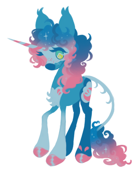 Size: 1542x1942 | Tagged: safe, artist:peaceandlove26, derpibooru import, oc, oc:crownberry apple, unofficial characters only, bat pony, bat pony unicorn, hybrid, pony, unicorn, g4, 2022, bigender, blue coat, blue eyelashes, chest fluff, chest marking, coat markings, colored eyelashes, colored hooves, colored horn, colored legs, curly mane, curly tail, ear tufts, facial markings, freckles, gradient mane, gradient tail, hooves, horn, image, leg markings, leonine tail, lineless, long legs, long mane, long tail, magical lesbian spawn, mask (coat marking), next generation, no mouth, no pupils, offspring, old art, parent:pinkie pie, parent:princess luna, parents:lunapie, pink hooves, png, profile, simple background, snip (coat marking), solo, sparkles, sparkly mane, sparkly tail, striped horn, tail, tail fluff, thin legs, thin tail, transparent background, two toned eyes, unicorn oc