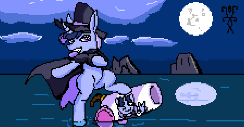 Size: 1346x702 | Tagged: safe, artist:damset, derpibooru import, oc, oc:flawless sparklemoon, unofficial characters only, pony, unicorn, canon, clothes, cloud, digital art, fusion, fusion:trixie, fusion:twilight sparkle, fusion:twixie, hat, horn, image, moon, ms paint, my little pony the movie: the death of twilight sparkle, night, pixel art, png, sky, top hat, water