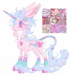 Size: 1882x1948 | Tagged: safe, artist:peaceandlove26, derpibooru import, oc, unnamed oc, unofficial characters only, pony, unicorn, 2022, ambiguous gender, big ears, blue tail, bow, coat markings, colored eyelashes, colored hooves, colored horn, colored pinnae, colored tail, ear piercing, earring, eyelashes, hair accessory, hair bow, hooves, horn, image, jewelry, jpeg, kidcore, leg markings, leonine tail, long ears, long mane, long tail, mane accessory, moodboard, multicolored eyes, multicolored horn, necklace, old art, piercing, pink eyelashes, pink hooves, profile, purple eyes, rainbow horn, rainbow tail, shiny hooves, simple background, smiling, socks (coat marking), standing, star earring, tail, tail accessory, tail bow, unicorn beard, unicorn horn, unicorn oc, unshorn fetlocks, white background, white coat