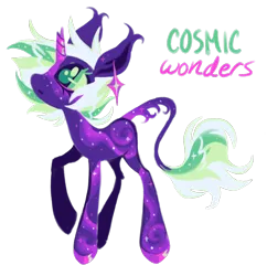 Size: 1326x1368 | Tagged: safe, artist:peaceandlove26, derpibooru import, oc, oc:cosmic wonders, unofficial characters only, pony, unicorn, 2022, big ears, big eyes, blank flank, broken horn, colored hooves, colored pinnae, ear markings, ear tufts, ethereal body, facial markings, female, female oc, green eyes, green mane, green tail, green text, hooves, horn, image, leonine tail, lineless, long legs, looking up, mare, mare oc, old art, pink hooves, pink text, png, profile, purple coat, purple hooves, raised hoof, shiny hooves, shiny horn, simple background, sparkly coat, sparkly legs, standing, standing on three hooves, starry coat, tail, tail fluff, tail markings, thin legs, three toned mane, three toned tail, transparent background, unicorn horn, unicorn oc