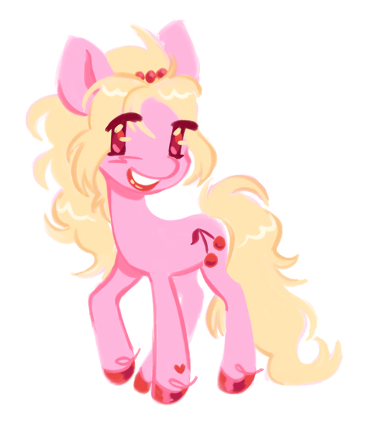 Size: 1033x1196 | Tagged: safe, artist:peaceandlove26, derpibooru import, oc, oc:cherry gloss, unofficial characters only, earth pony, pony, 2022, blonde mane, blonde tail, blush scribble, blushing, colored eyelashes, colored hooves, earth pony oc, eye clipping through hair, hair tie, heart, heart mark, hoof polish, hooves, image, lineless, lipstick, long mane, long tail, looking away, looking back, looking to the left, old art, pink coat, png, raised hoof, red eyelashes, red eyes, red hooves, red lipstick, shiny eyes, shiny hooves, shiny mane, shiny tail, sideways glance, simple background, smiling, standing on three hooves, tail, three quarter view, tied mane, turned head, white background