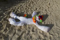 Size: 1200x800 | Tagged: safe, derpibooru import, oc, oc:collar dash, unofficial characters only, 2018, beach, flüüfff, fursuit, image, irl, jpeg, lying down, on back, photo, ponysuit, sand, seaside, solo, spread arms