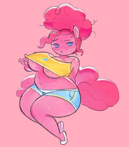 Size: 893x1017 | Tagged: suggestive, artist:shgrcube_art, derpibooru import, pinkie pie, anthro, g4, big breasts, blushing, bra, breasts, busty pinkie pie, butt, clothes, crop top bra, disproportional anatomy, fat, female, huge butt, image, jpeg, large butt, lidded eyes, looking at you, shirt, shirt lift, shoes, shorts, sitting, solo, solo female, sweat, tiny torso, underboob, underwear