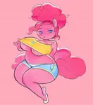 Size: 893x1017 | Tagged: suggestive, artist:shgrcube_art, derpibooru import, pinkie pie, anthro, g4, big breasts, blushing, bra, breasts, busty pinkie pie, butt, clothes, crop top bra, disproportional anatomy, fat, female, huge butt, image, jpeg, large butt, lidded eyes, looking at you, shirt, shirt lift, shoes, shorts, sitting, solo, solo female, sweat, tiny torso, underboob, underwear