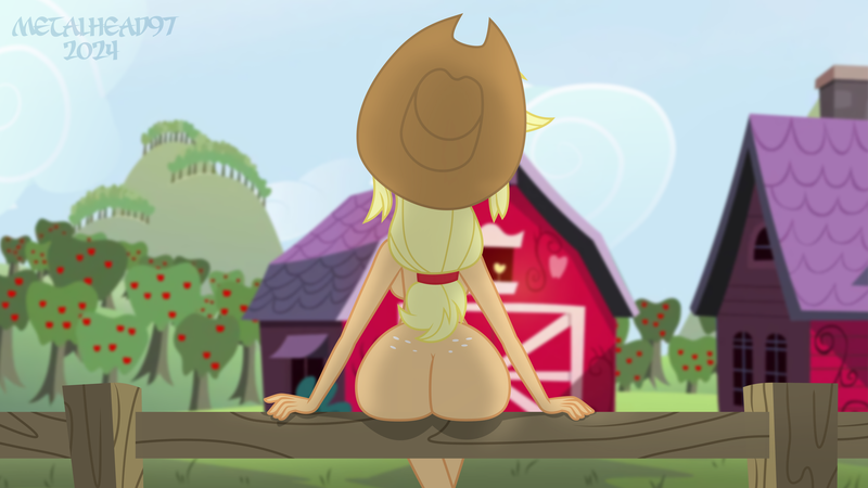 Size: 8000x4500 | Tagged: questionable, artist:metalhead97, ponerpics import, applejack, equestria girls, apple, apple tree, barn, breasts, butt, butt freckles, casual nudity, date (time), female, fence, freckles, image, nudity, outdoors, png, rear view, rearboob, signature, sitting, sweet apple acres, sweet apple acres barn, tree