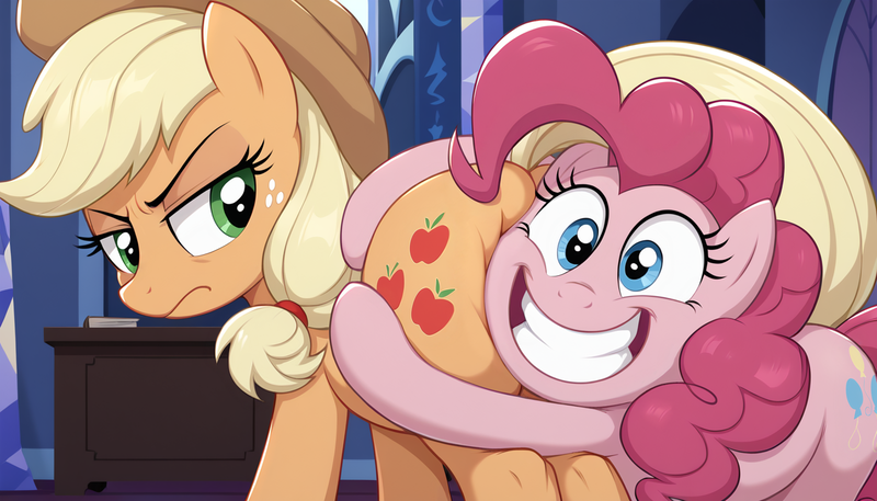 Size: 1344x768 | Tagged: safe, ai content, derpibooru import, generator:bluefox mix, machine learning generated, stable diffusion, applejack, pinkie pie, earth pony, pony, g4, shadow play, angry, applebutt, applejack is not amused, applejack's hat, book, butt, butt squish, butt touch, butthug, close-up, cowboy hat, desk, duo, duo female, faceful of ass, faic, female, grin, hat, hug, image, indoors, lidded eyes, looking at someone, looking back, mare, pinkie hugging applejack's butt, plot, png, prompter:tyto4tme4l, scene interpretation, smiling, teeth, twilight's castle, unamused