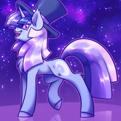 Size: 2000x2000 | Tagged: safe, artist:shad0w-galaxy, derpibooru import, oc, oc:flawless sparklemoon, pony, unicorn, chest fluff, ear fluff, fangs, female, fusion, fusion:trixie, fusion:twilight sparkle, fusion:twixie, hat, high res, hooves, horn, image, mare, my little pony the movie: the death of twilight sparkle, open mouth, png, smiling, solo, starry eyes, stars, wingding eyes