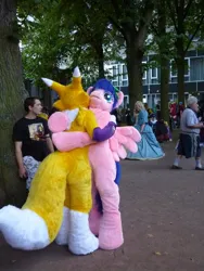 Size: 480x640 | Tagged: safe, artist:atalonthedeer, derpibooru import, firefly, human, g1, 2012, connichi, duo focus, fursuit, image, irl, irl human, jpeg, outdoors, photo, pokémon, ponysuit, solo