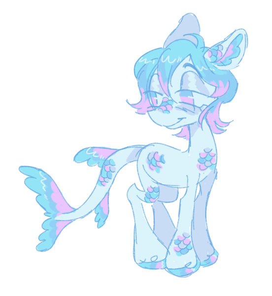 Size: 1347x1465 | Tagged: safe, artist:peaceandlove26, derpibooru import, oc, oc:angelfish, unofficial characters only, merpony, pony, ambiguous gender, big eyes, blue blush, blue body, blue coat, blue eyeshadow, blue hooves, blush scribble, blushing, colored hooves, eyeshadow, fins, fish tail, hooves, image, lidded eyes, light blue body, light blue coat, makeup, no pupils, png, scales, shiny hooves, short mane, smiling, solo, standing, tail, tail fin, three quarter view, three toned mane, turned head, two toned eyes