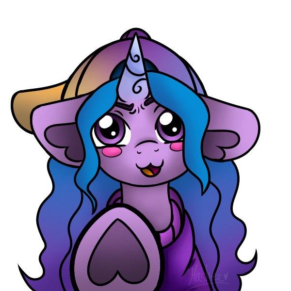 Size: 600x600 | Tagged: safe, artist:mashee, derpibooru import, izzy moonbow, pony, unicorn, g5, adorable face, blue mane, blush sticker, blushing, clothes, colored, cute, fanart, female, hat, heart ears, hoodie, hooves, horn, image, long hair, looking at you, original style, png, purple eyes, purple mane, solo, sweater