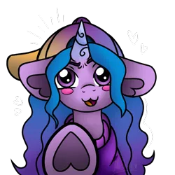 Size: 600x600 | Tagged: safe, artist:mashee, derpibooru import, izzy moonbow, pony, unicorn, g5, adorable face, blue mane, blush sticker, blushing, clothes, colored, cute, fanart, female, hat, heart ears, hoodie, hooves, horn, image, long hair, looking at you, original style, png, purple eyes, purple mane, solo, sweater