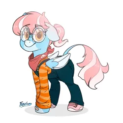 Size: 2400x2400 | Tagged: safe, artist:fluffyxai, derpibooru import, oc, oc:cloud jumper, unofficial characters only, pegasus, pony, bandaid, bandana, clothes, colored wings, colored wingtips, eye clipping through hair, eyebrows, eyebrows visible through hair, glasses, image, leonine tail, looking at you, overalls, png, shoes, smiling, sneakers, solo, standing, tail, wings