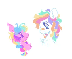 Size: 1338x1101 | Tagged: safe, artist:peaceandlove26, derpibooru import, oc, oc:birthday bash, oc:charm bracelet, unofficial characters only, earth pony, pony, g4, 2022, bandaid, bandaid on nose, big ears, big eyes, blue eyelashes, braid, braided pigtails, bust, chest fluff, colored eyelashes, colored pupils, duo, duo female, earth pony oc, female, female oc, half-siblings, half-sister, half-sisters, image, long mane, looking at each other, looking at someone, magical lesbian spawn, mare, mare oc, multicolored hair, multicolored mane, next generation, offspring, old art, open mouth, open smile, parent:fluttershy, parent:pinkie pie, parent:rarity, parents:flarity, parents:raripie, pigtails, pink coat, png, profile, purple eyelashes, purple pupils, rainbow hair, simple background, smiling, smiling at each other, tied mane, two toned eyes, wavy mane, white background, white coat