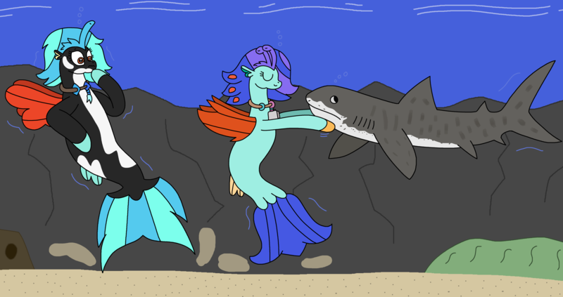 Size: 3087x1632 | Tagged: safe, artist:supahdonarudo, derpibooru import, oc, oc:icebeak, oc:sea lilly, unofficial characters only, seapony (g4), shark, bubble, camera, coral, crown, dorsal fin, eyes closed, female, fin, fin wings, fins, fish tail, flowing mane, flowing tail, gills, holding, image, jewelry, necklace, ocean, png, regalia, sand, scared, seaweed, shark tail, smiling, swimming, tail, underwater, water, wings