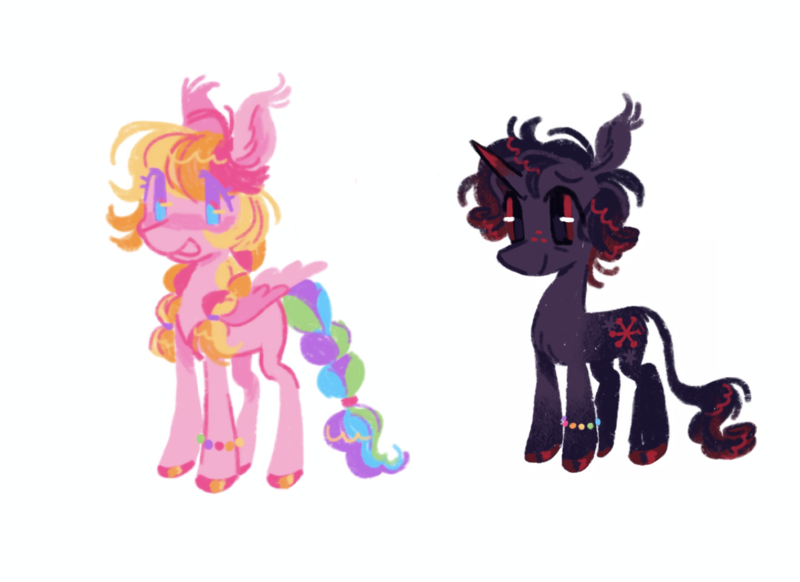 Size: 1470x1070 | Tagged: safe, artist:peaceandlove26, derpibooru import, oc, oc:charm bracelet, oc:snowflake obsidian, unofficial characters only, pegasus, pony, unicorn, g4, black and red mane, black and red tail, black coat, blank flank, blue eyes, bracelet, braid, braided ponytail, braided tail, coat markings, colored eyelashes, colored hooves, colored horn, colored horntip, colored legs, colored wings, duo, duo male and female, ear tufts, female, female oc, freckles, hair tie, hooves, horn, image, jewelry, leonine tail, long mane, long tail, magical lesbian spawn, male, mare oc, matching bracelets, multicolored hair, multicolored mane, multicolored tail, next generation, not rarity (g3), offspring, open mouth, open smile, parent:fluttershy, parent:princess cadance, parent:rarity, parent:shining armor, parents:flarity, parents:shiningcadance, pegasus oc, pink hooves, pink wings, png, ponytail, purple eyelashes, red eyes, red hooves, shiny hooves, shiny mane, shiny tail, simple background, smiling, socks (coat marking), solo, standing, tail, tall ears, three quarter view, three toned horn, three toned mane, three toned tail, tied mane, two toned wings, unicorn oc, wall of tags, white background, wings