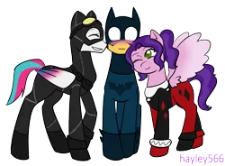 Size: 2943x2166 | Tagged: safe, artist:hayley566, derpibooru import, hitch trailblazer, pipp petals, zipp storm, earth pony, pegasus, pony, g5, alternate hairstyle, batman, blushing, boots, catsuit, catwoman, clothes, commission, cosplay, costume, dc comics, eyes closed, female, flustered, gloves, goggles, grin, halloween, harley quinn, hitchpippzipp, holiday, image, male, mare, markings, mask, mlp fim's fourteenth anniversary, nightmare night, nuzzling, one eye closed, png, ship:pitch, ship:stormblazer, shipping, shoes, simple background, smiling, stallion, straight, transparent background, wink