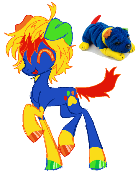 Size: 673x863 | Tagged: safe, artist:peaceandlove26, derpibooru import, oc, unnamed oc, unofficial characters only, dog, dog pony, earth pony, original species, pony, 2023, big eyes, blue coat, coat markings, colored eyelashes, colored hooves, colored legs, colored sketch, colorful, dog ears, dog tail, eyes closed, eyestrain warning, fluffy mane, fluffy tail, hooves, image, leg markings, long legs, mismatched ears, mismatched hooves, multicolored hooves, needs more saturation, old art, orange eyelashes, pixel-crisp art, plushie, png, raised hoof, raised leg, red tail, reference used, saturated, shiny eyelashes, shiny hooves, simple background, sketch, slender, smiling, socks (coat marking), solo, standing on two hooves, tail, thin, tongue out, two toned mane, white background