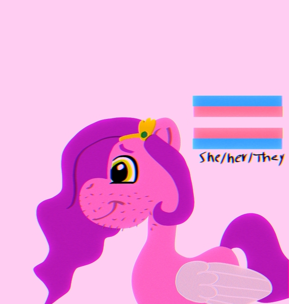 Size: 1050x1104 | Tagged: safe, alternate version, anonymous artist, derpibooru import, pipp petals, pegasus, pony, g5, chromatic aberration, colored, derpibooru exclusive, facial hair, female, flat colors, grainy, image, jpeg, male to female, minimalist, modern art, pride, pride flag, pronouns, rule 63, side view, simple background, smiling, solo, trans female, transgender, transgender pride flag