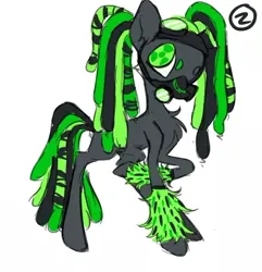 Size: 524x543 | Tagged: safe, artist:peaceandlove26, derpibooru import, oc, oc:radioactive rebel, unofficial characters only, earth pony, pony, 2023, big ears, big eyes, chest fluff, clothes, colored eyebrows, colored pupils, cybergoth, cyberlox, dreadlocks, earth pony oc, furry leg warmers, gas mask, gray coat, green eyes, green mane, green pupils, image, jpeg, leg warmers, looking back, mask, no catchlights, old art, pigtails, profile, raised hoof, solo, standing on three hooves, thin legs, three toned mane, three toned tail, tied mane, unusual pupils