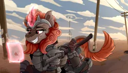 Size: 3760x2150 | Tagged: safe, artist:tinnitus, derpibooru import, oc, kirin, fallout equestria, armor, female, glow, glowing horn, grin, gun, horn, image, katana, magic, png, quadrupedal, scar, smiling, solo, sword, telekinesis, wasteland, weapon