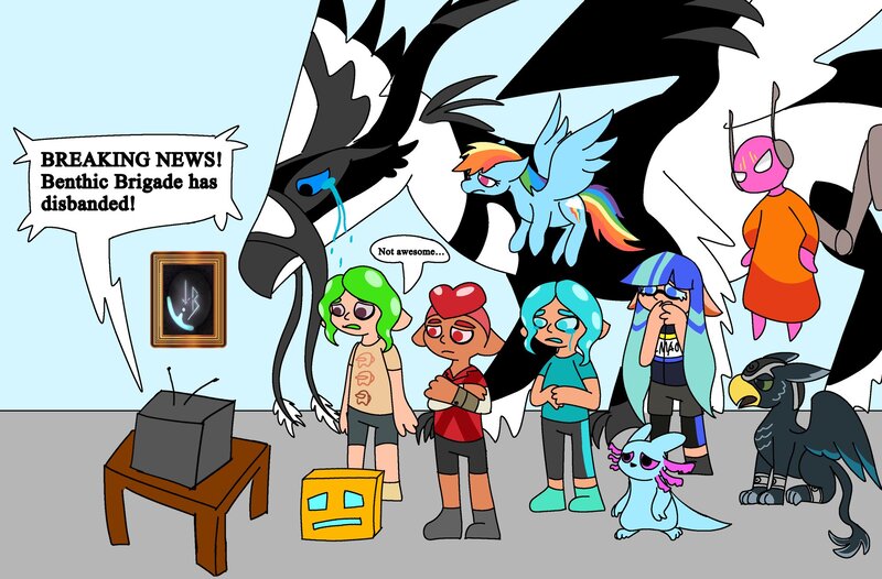 Size: 2048x1346 | Tagged: safe, artist:toothpaste_spl, derpibooru import, rainbow dash, inkling, pegasus, pony, computer, crossover, crying, geometry dash, image, jpeg, meme, oh no bro, rain world, sad, slugcat, splatoon, table